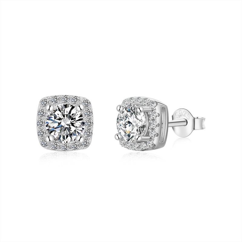 Sterling Silver Cushion Halo Stud Earrings with Round-Cut CZ