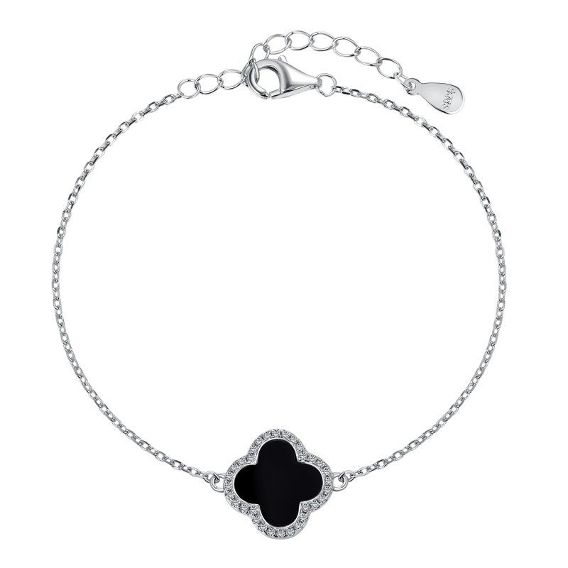 Silver Clover Bracelet with Black Enamel