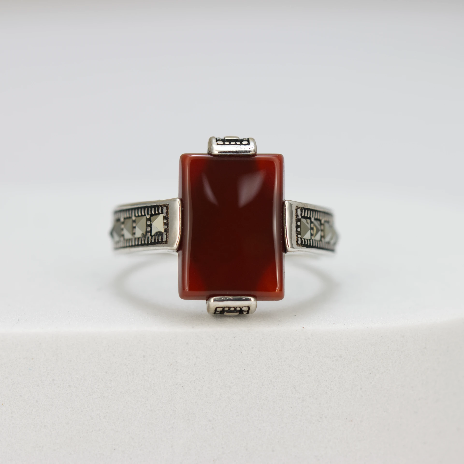 Men's Silver Red Agate Stone Ring