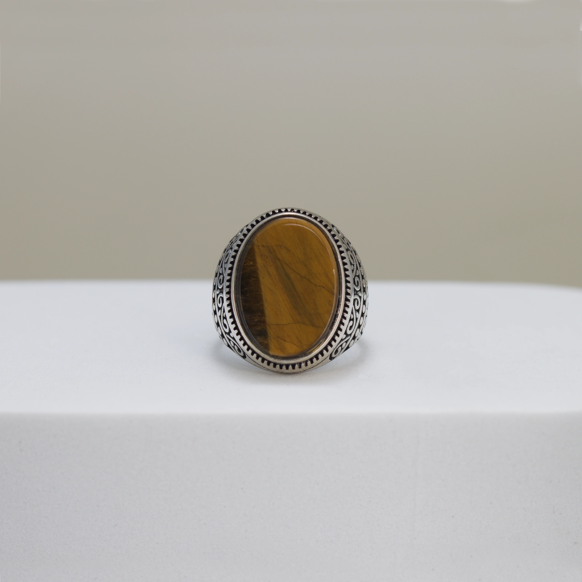 Silver Tiger Eye Stone Men Ring