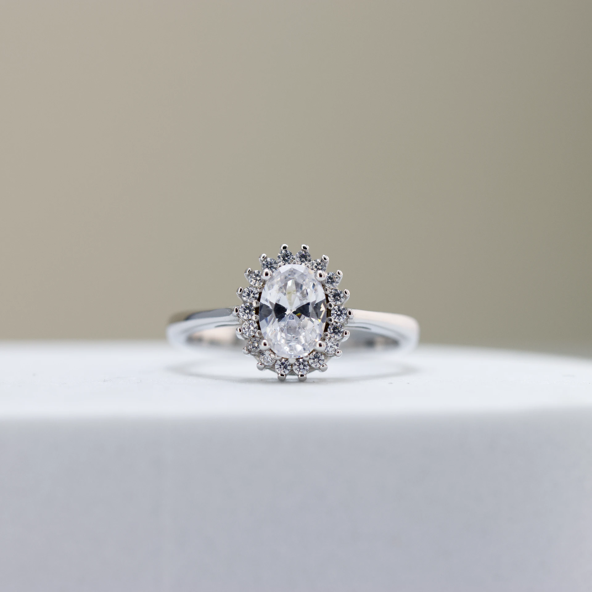 Silver Oval-Cut Halo Engagement Ring