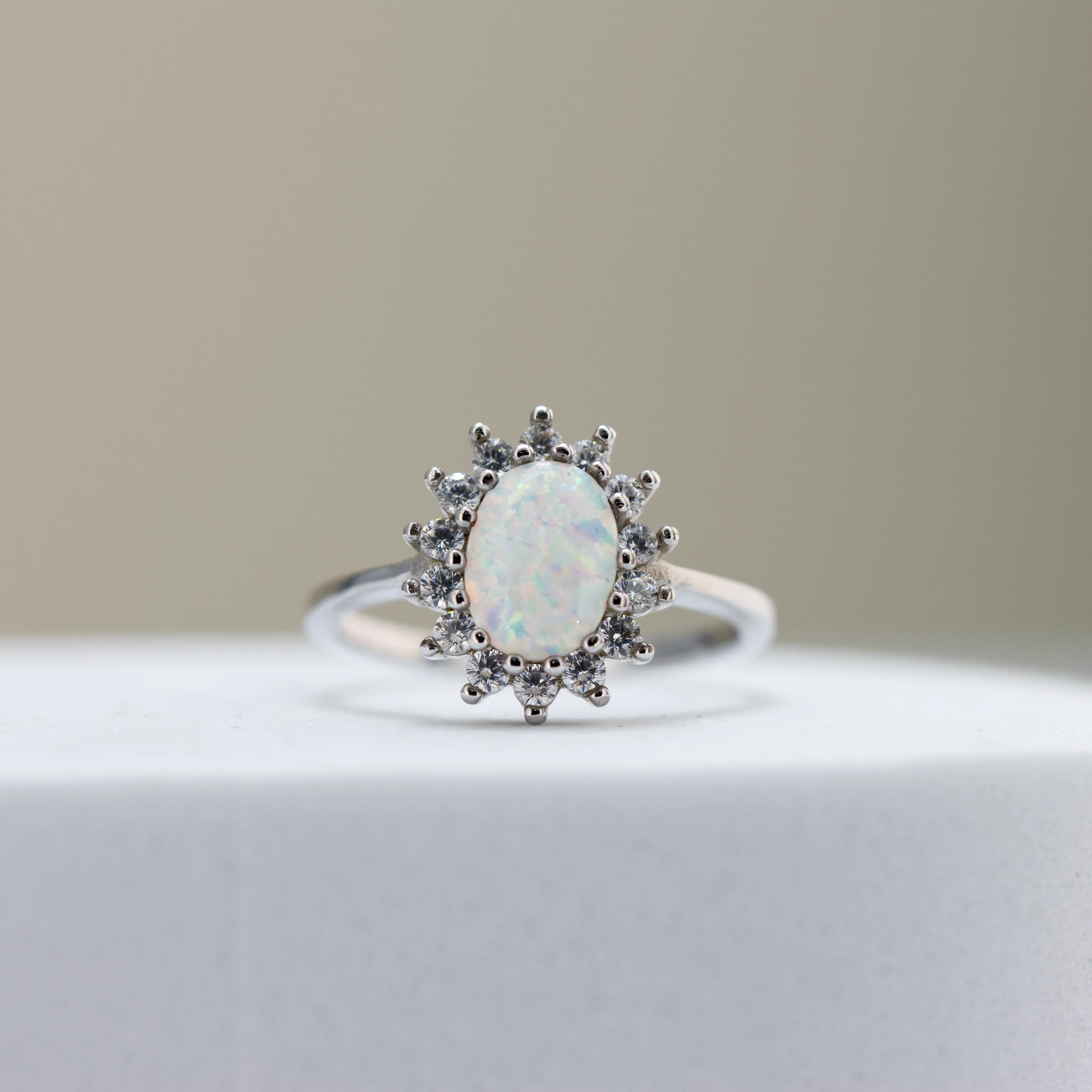 Silver Opal Stone Halo Engagement Ring