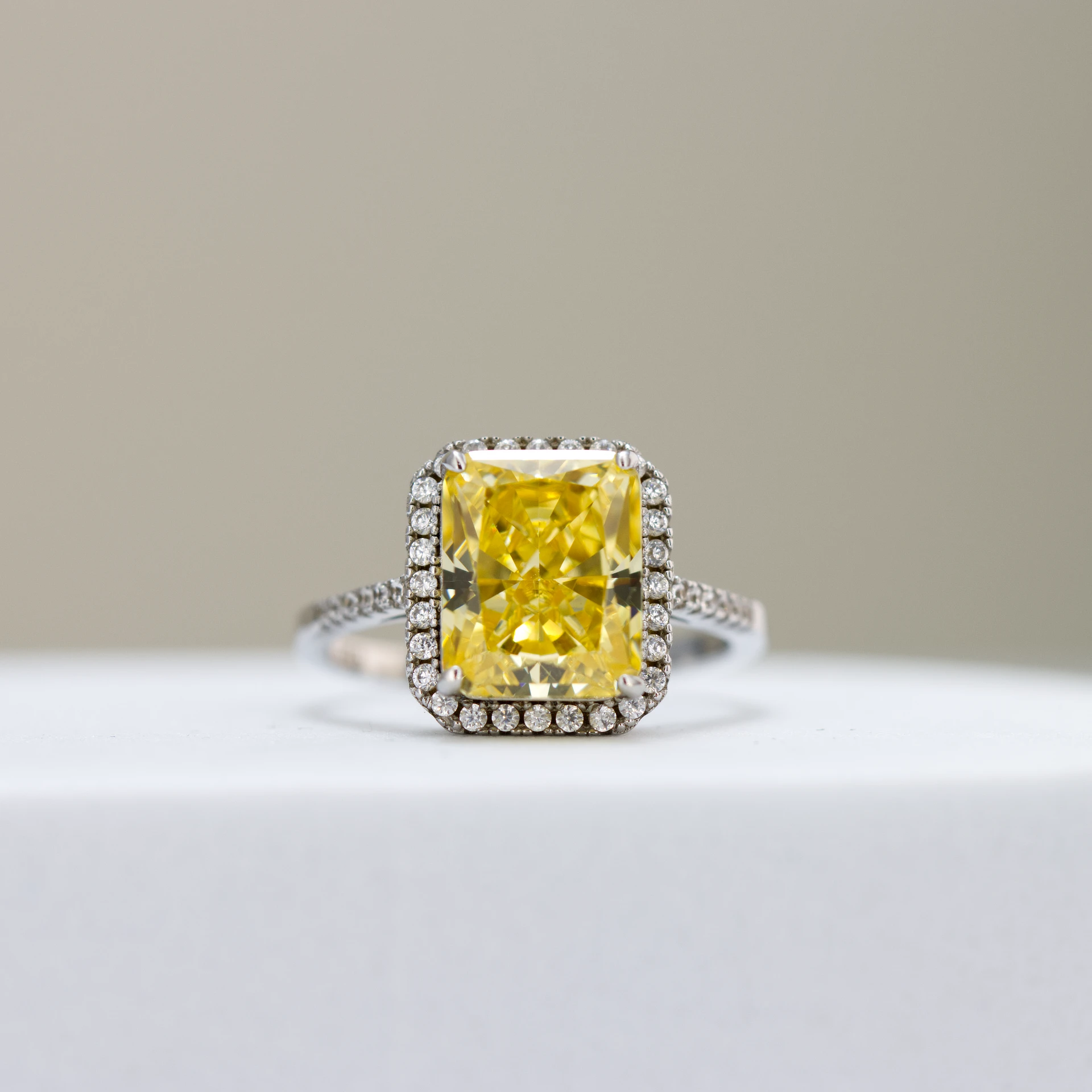 Silver Iced Crushed Radiant-Cut Halo Engagement Ring