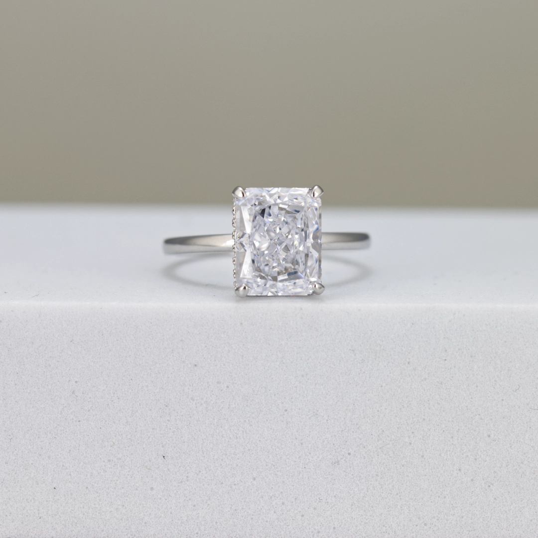 Ice Crushed Radiant Cut Hidden Halo Silver Ring