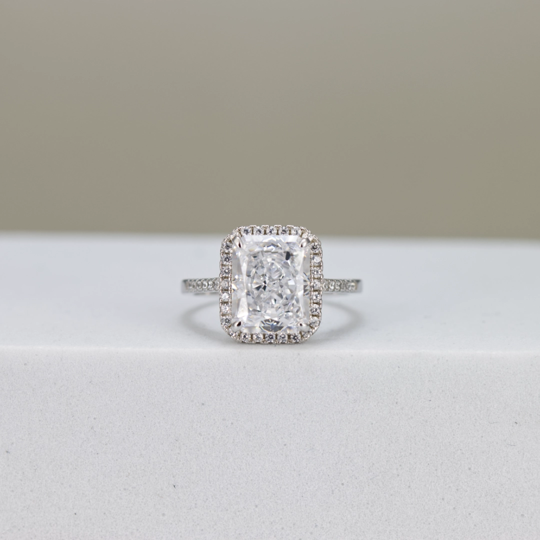 Ice Crushed Radiant-Cut Halo Silver Engagement Ring