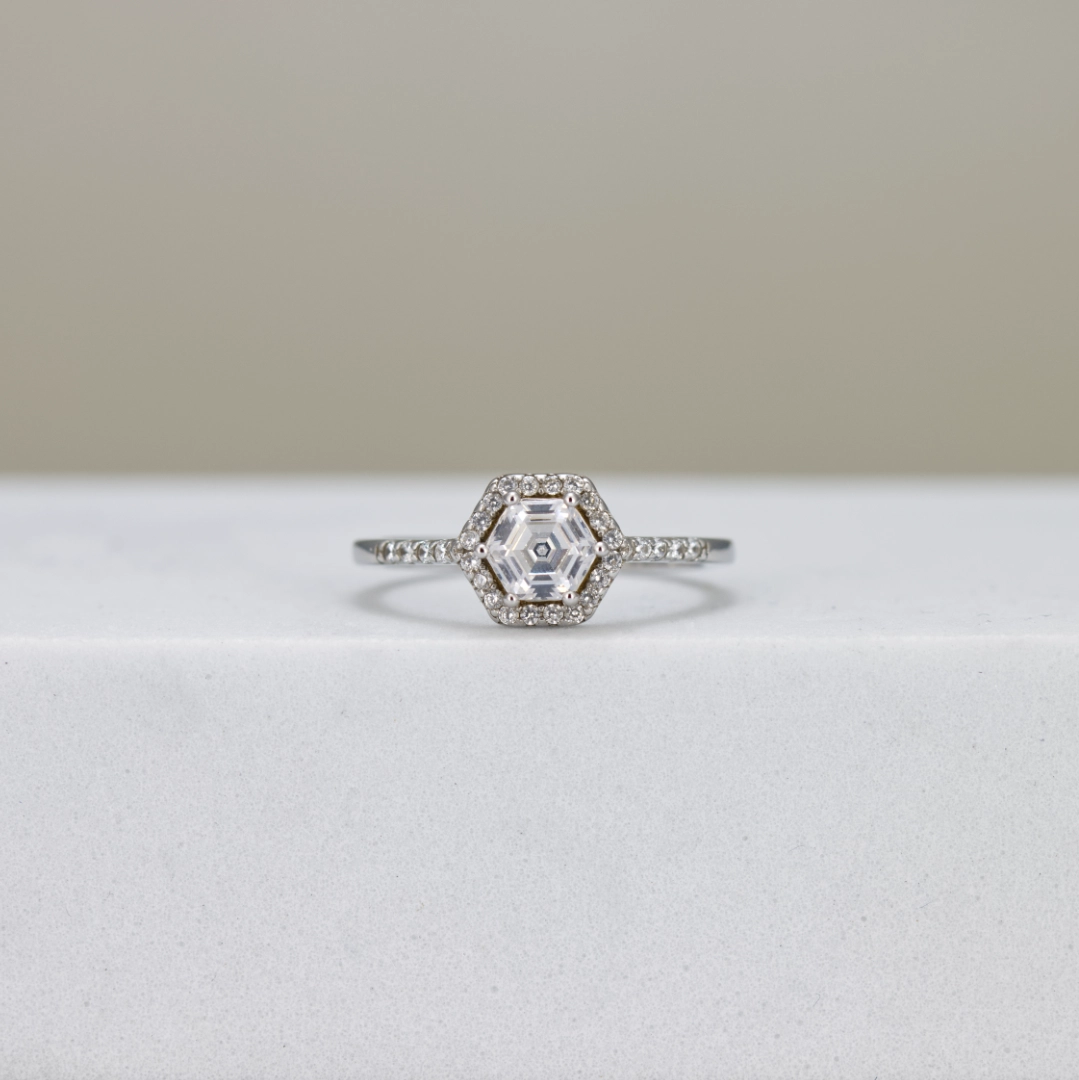Hexagon-Cut Halo Engagement Ring