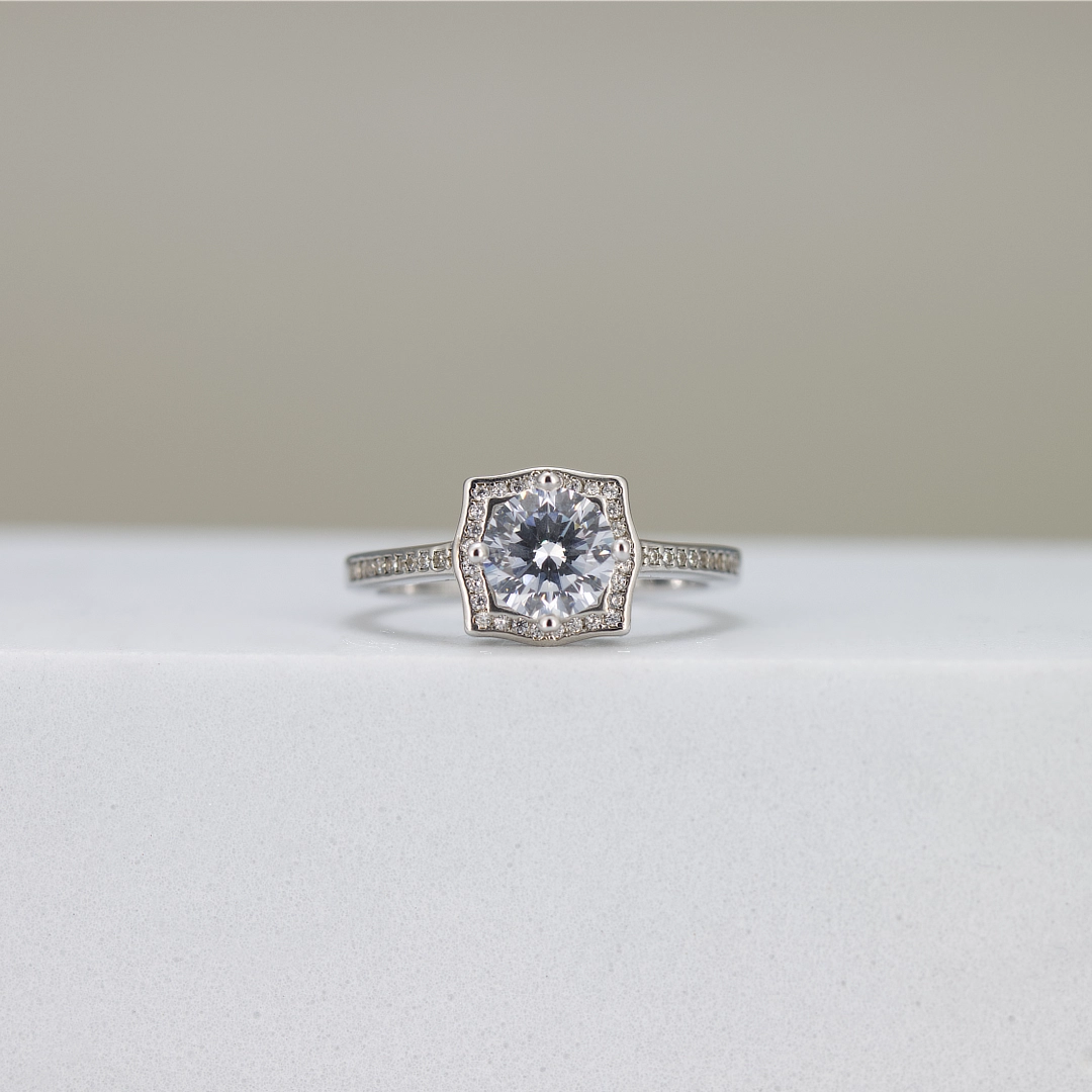 Hexagon Halo Round-Cut Engagement Ring