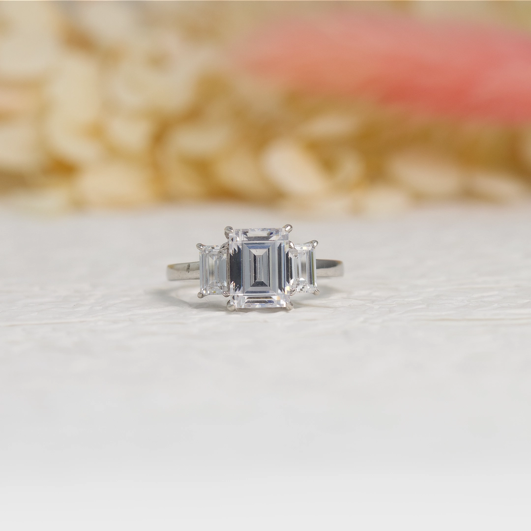 Silver Emerald Cut Three-Stone Ring