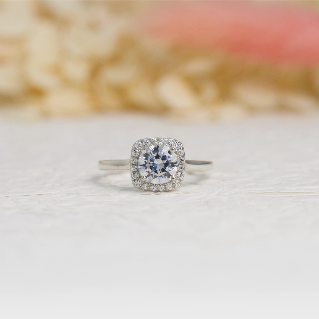 Silver Round Cut Halo Ring with Cushion Frame