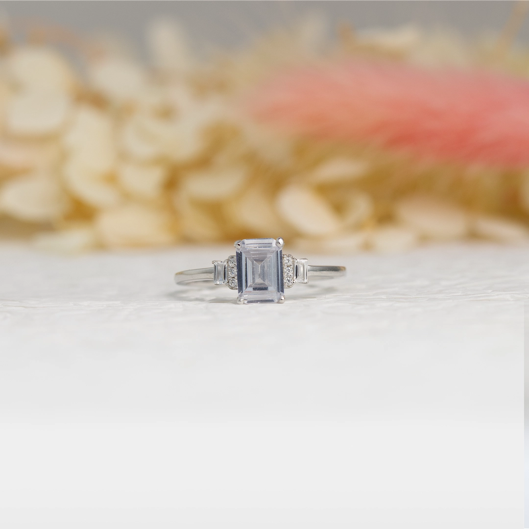 Emerald Cut Silver Engagement Ring